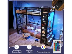 Cama alta infantil - 90 x 200 cm - estrutura de ferro - com prateleiras + 4 gavetas + LEDs - metal - preto