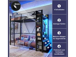 Cama alta infantil - 90 x 200 cm - estrutura de ferro - com prateleiras + 4 gavetas + LEDs - metal - preto
