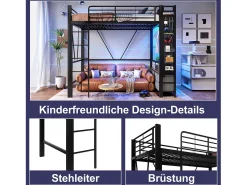 Cama alta infantil - 90 x 200 cm - estrutura de ferro - com prateleiras + 4 gavetas + LEDs - metal - preto