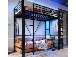 Cama alta infantil - 90 x 200 cm - estrutura de ferro - com prateleiras + 4 gavetas + LEDs - metal - preto