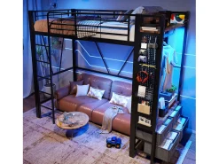 Cama alta infantil - 90 x 200 cm - estrutura de ferro - com prateleiras + 4 gavetas + LEDs - metal - preto