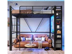 Cama alta infantil - 90 x 200 cm - estrutura de ferro - com prateleiras + 4 gavetas + LEDs - metal - preto