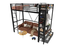 Cama alta infantil - 90 x 200 cm - estrutura de ferro - com prateleiras + 4 gavetas + LEDs - metal - preto