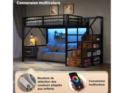 Cama alta infantil - 140 x 200 cm - estrutura de ferro - com LEDs + escada de arrumação - metal - preta