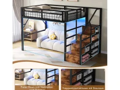 Cama alta infantil - 140 x 200 cm - estrutura de ferro - com LEDs + escada de arrumação - metal - preta