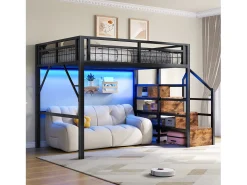 Cama alta infantil - 140 x 200 cm - estrutura de ferro - com LEDs + escada de arrumação - metal - preta