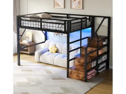 Cama alta infantil - 140 x 200 cm - estrutura de ferro - com LEDs + escada de arrumação - metal - preta
