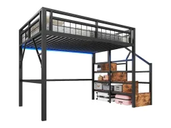 Cama alta infantil - 140 x 200 cm - estrutura de ferro - com LEDs + escada de arrumação - metal - preta