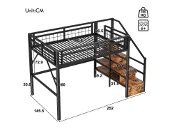 Cama alta infantil - 140 x 200 cm - estrutura de ferro - com LEDs + escada de arrumação - metal - preta