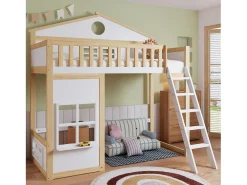 Cama alta infantil - 90 x 200 cm - com escada, teto e janela - pinho e MDF - branco e natural