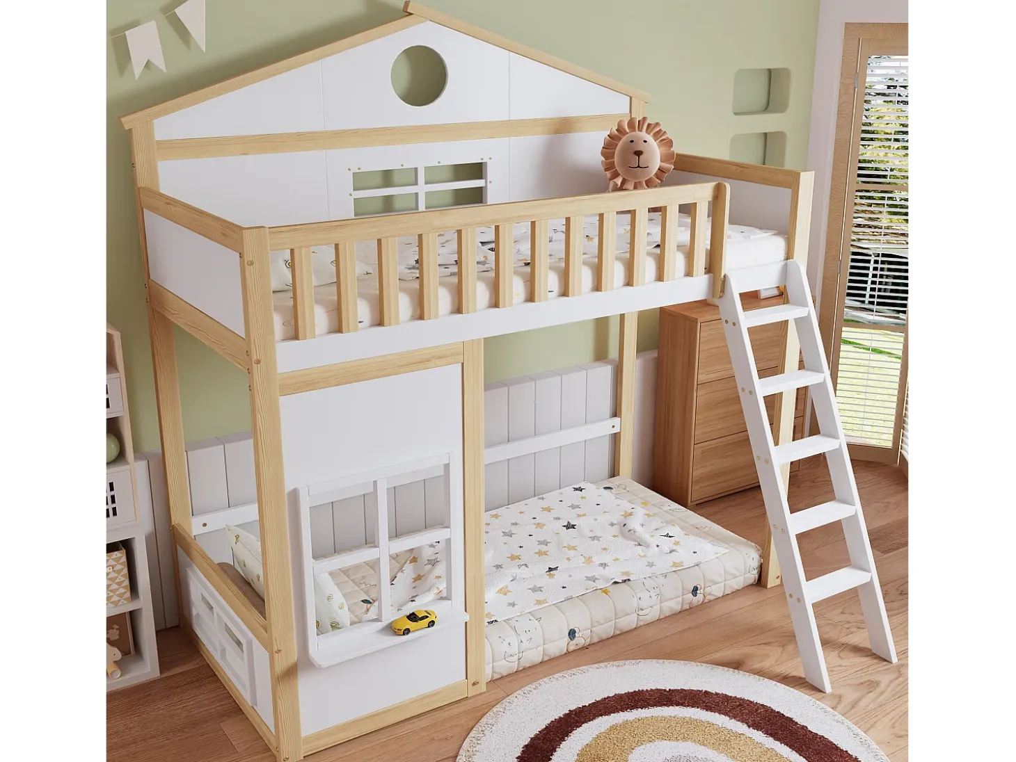 Cama alta infantil - 90 x 200 cm - com escada, teto e janela - pinho e MDF - branco e natural