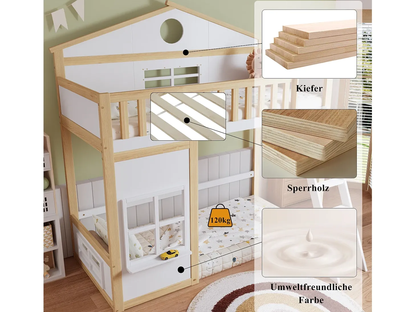 Cama alta infantil - 90 x 200 cm - com escada, teto e janela - pinho e MDF - branco e natural