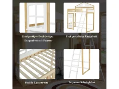 Cama alta infantil - 90 x 200 cm - com escada, teto e janela - pinho e MDF - branco e natural