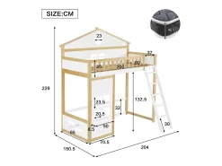 Cama alta infantil - 90 x 200 cm - com escada, teto e janela - pinho e MDF - branco e natural