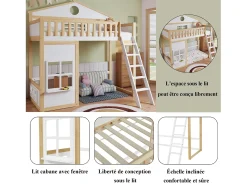 Cama alta infantil - 90 x 200 cm - com escada, teto e janela - pinho e MDF - branco e natural