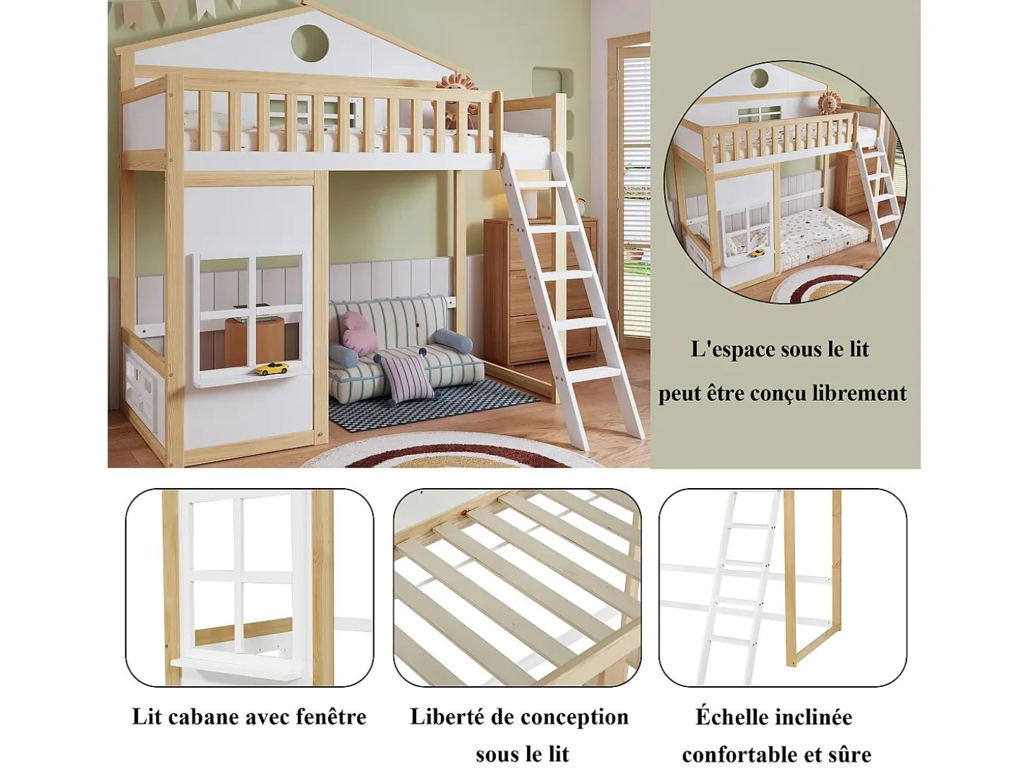 Cama alta infantil - 90 x 200 cm - com escada, teto e janela - pinho e MDF - branco e natural