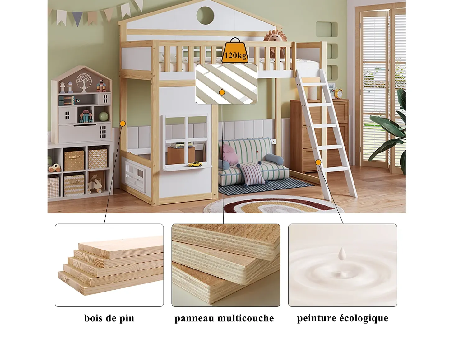 Cama alta infantil - 90 x 200 cm - com escada, teto e janela - pinho e MDF - branco e natural