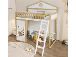 Cama alta infantil - 90 x 200 cm - com escada, teto e janela - pinho e MDF - branco e natural