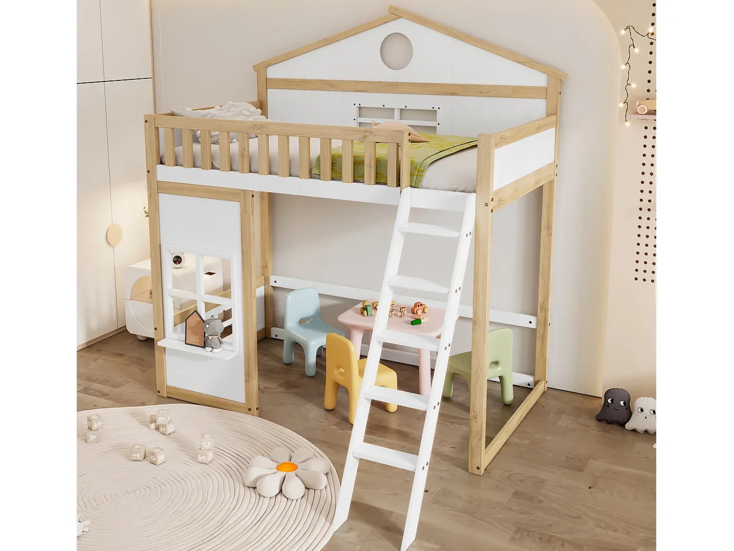 Cama alta infantil - 90 x 200 cm - com escada, teto e janela - pinho e MDF - branco e natural