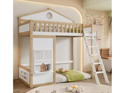 Cama alta infantil - 90 x 200 cm - com escada, teto e janela - pinho e MDF - branco e natural