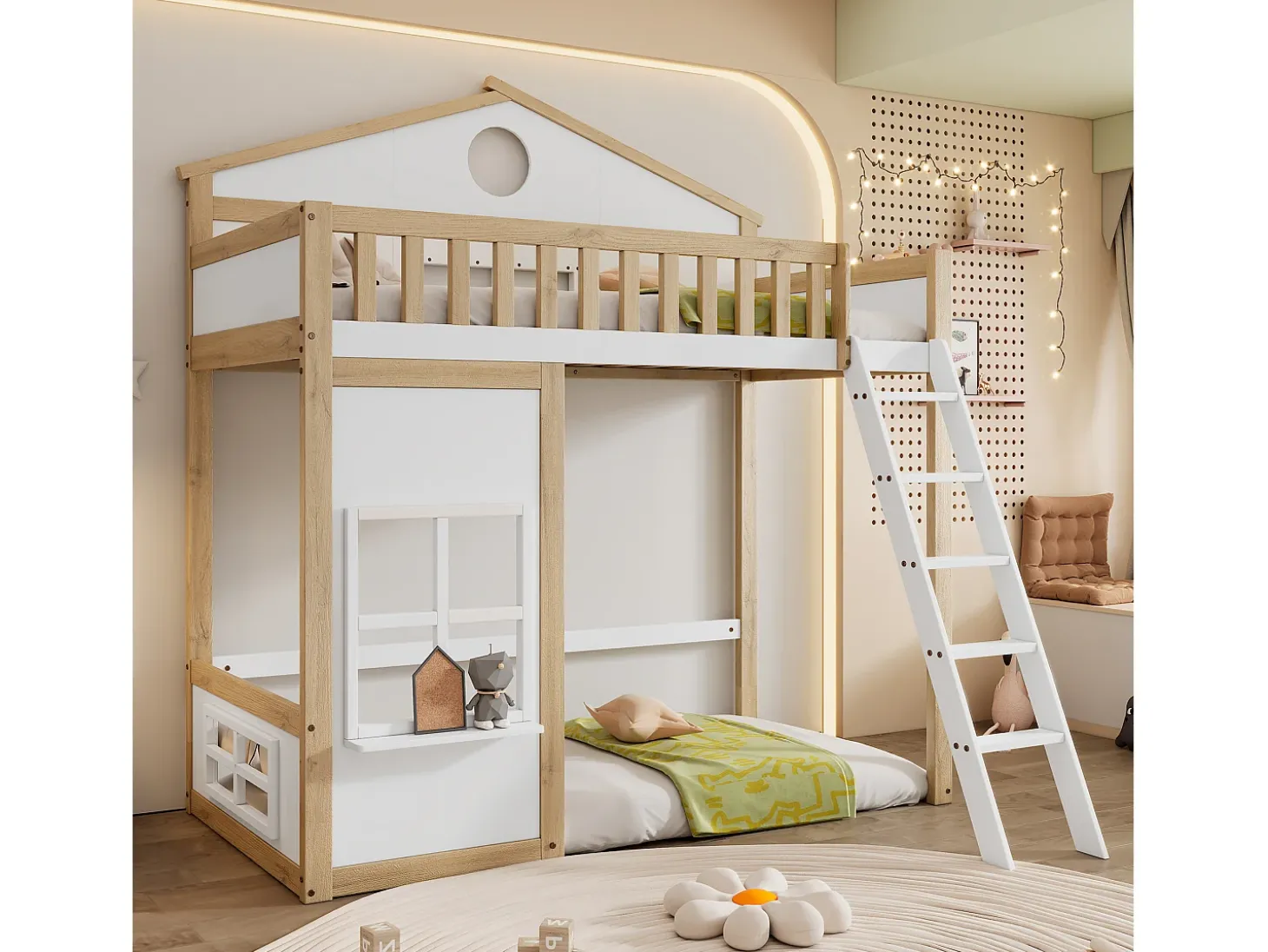 Cama alta infantil - 90 x 200 cm - com escada, teto e janela - pinho e MDF - branco e natural