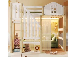Cama alta infantil - 140 x 200 cm - com LEDs + escada de armazenamento - formato de janela - madeira - branco + natural