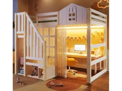Cama alta infantil - 140 x 200 cm - com LEDs + escada de armazenamento - formato de janela - madeira - branco + natural