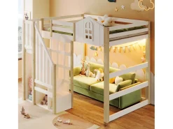 Cama alta infantil - 140 x 200 cm - com LEDs + escada de armazenamento - formato de janela - madeira - branco + natural