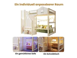 Cama alta infantil - 140 x 200 cm - com LEDs + escada de armazenamento - formato de janela - madeira - branco + natural