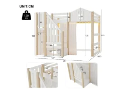 Cama alta infantil - 140 x 200 cm - com LEDs + escada de armazenamento - formato de janela - madeira - branco + natural