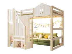 Cama alta infantil - 140 x 200 cm - com LEDs + escada de armazenamento - formato de janela - madeira - branco + natural