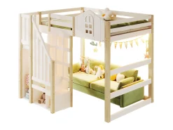 Cama alta infantil - 140 x 200 cm - com LEDs + escada de armazenamento - formato de janela - madeira - branco + natural