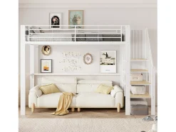 Cama alta infantil - 90 x 200 cm - estrutura metálica resistente com espaço de armazenamento - madeira + metal - branca