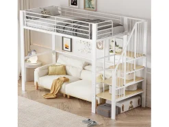 Cama alta infantil - 90 x 200 cm - estrutura metálica resistente com espaço de armazenamento - madeira + metal - branca