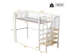 Cama alta infantil - 90 x 200 cm - estrutura metálica resistente com espaço de armazenamento - madeira + metal - branca