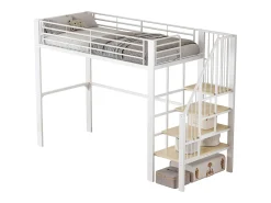 Cama alta infantil - 90 x 200 cm - estrutura metálica resistente com espaço de armazenamento - madeira + metal - branca