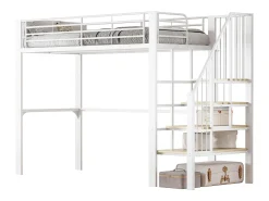 Cama alta infantil - 90 x 200 cm - estrutura metálica resistente com espaço de armazenamento - madeira + metal - branca