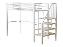 Cama alta infantil - 90 x 200 cm - estrutura metálica resistente com espaço de armazenamento - madeira + metal - branca