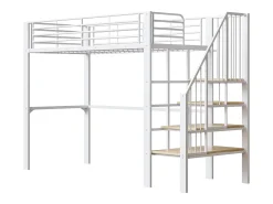 Cama alta infantil - 90 x 200 cm - estrutura metálica resistente com espaço de armazenamento - madeira + metal - branca