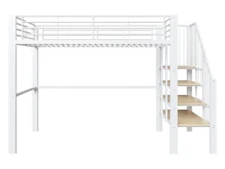 Cama alta infantil - 90 x 200 cm - estrutura metálica resistente com espaço de armazenamento - madeira + metal - branca