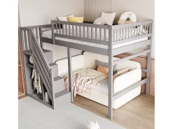 Cama alta infantil - 140 x 200 cm - escada com módulo de arrumação - madeira - cinza