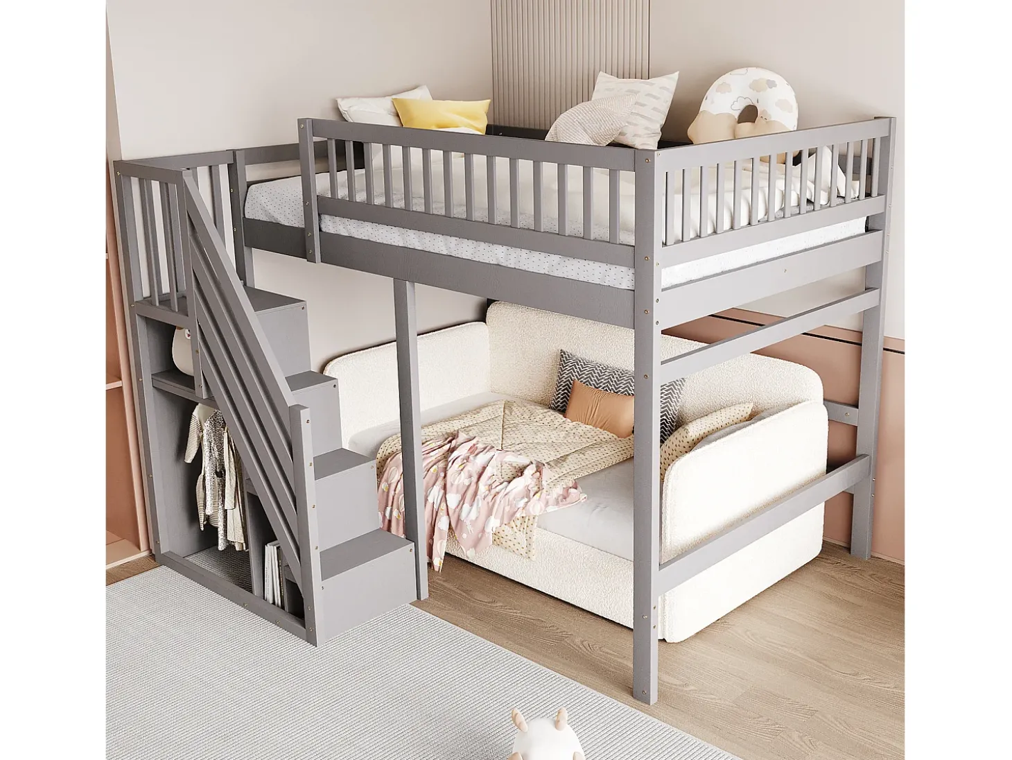 Cama alta infantil - 140 x 200 cm - escada com módulo de arrumação - madeira - cinza
