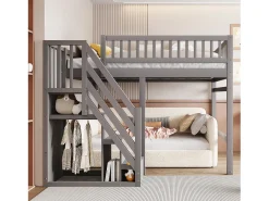 Cama alta infantil - 140 x 200 cm - escada com módulo de arrumação - madeira - cinza