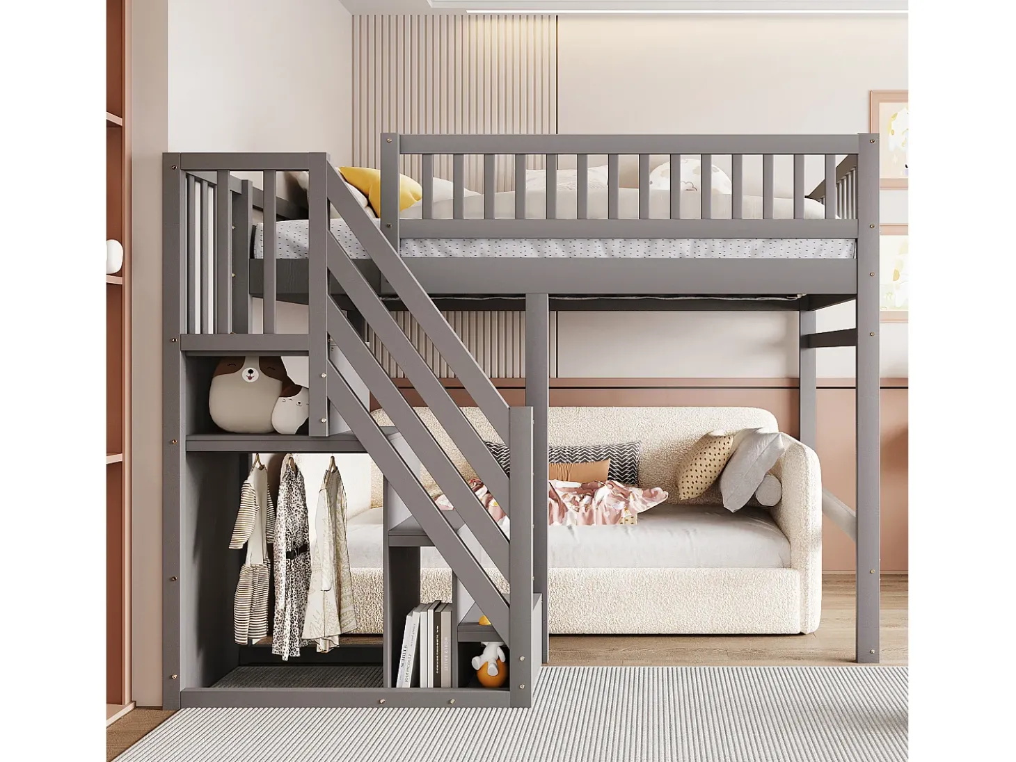 Cama alta infantil - 140 x 200 cm - escada com módulo de arrumação - madeira - cinza