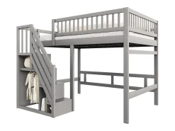 Cama alta infantil - 140 x 200 cm - escada com módulo de arrumação - madeira - cinza