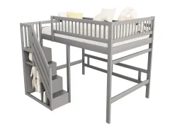 Cama alta infantil - 140 x 200 cm - escada com módulo de arrumação - madeira - cinza