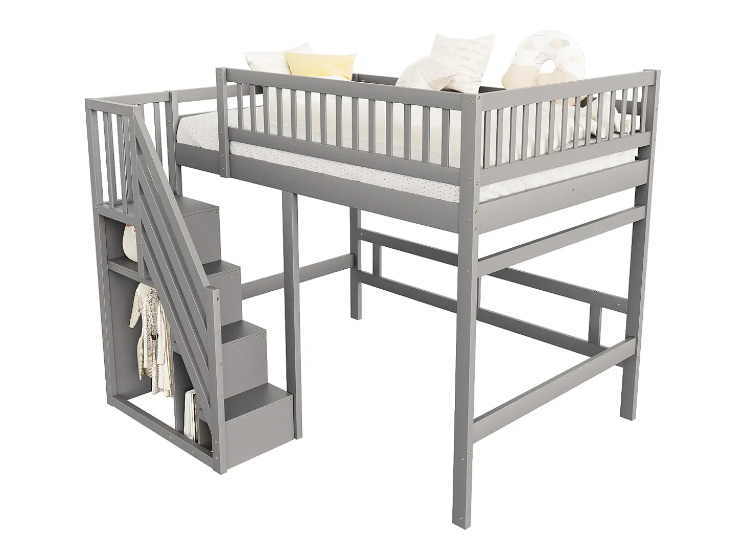 Cama alta infantil - 140 x 200 cm - escada com módulo de arrumação - madeira - cinza
