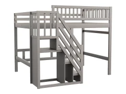 Cama alta infantil - 140 x 200 cm - escada com módulo de arrumação - madeira - cinza