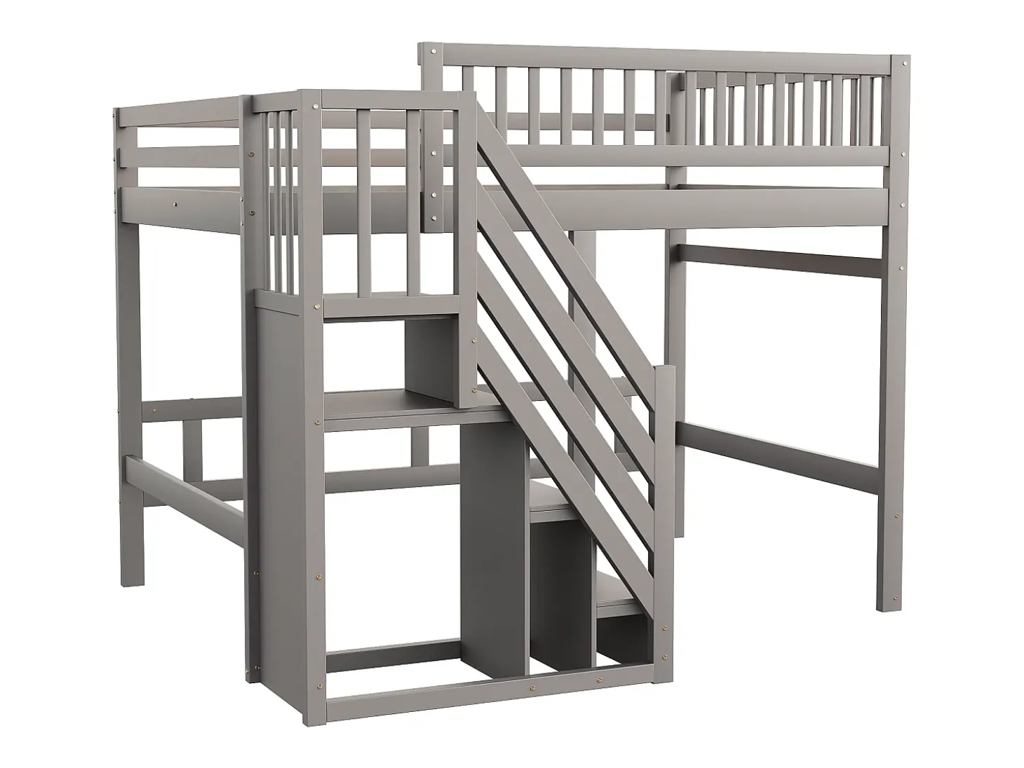 Cama alta infantil - 140 x 200 cm - escada com módulo de arrumação - madeira - cinza