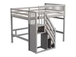 Cama alta infantil - 140 x 200 cm - escada com módulo de arrumação - madeira - cinza
